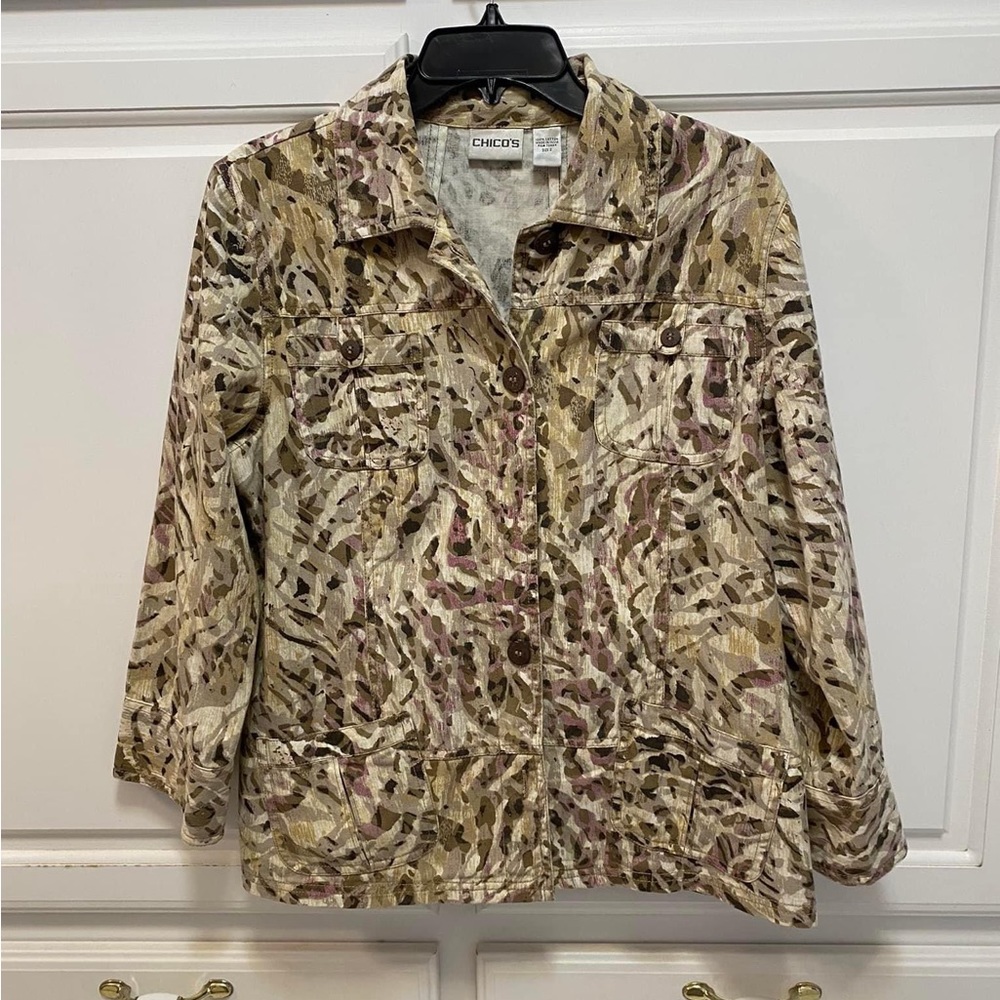 Chico’s Brown Purple Safari Print 3/4 Sleeve Jacket Size Large Chico’s 2